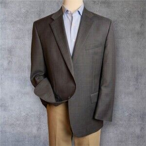 ALFANI Mens Blazer 46R WOOL Brown Sport Coat Two Button Suit Jacket Plaid